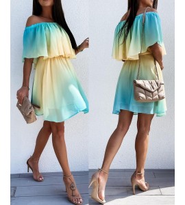 Off Shoulder Ombre Color Ruffles Casual Dress