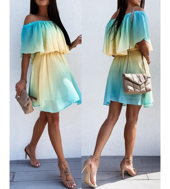 Off Shoulder Ombre Color Ruffles Casual Dress