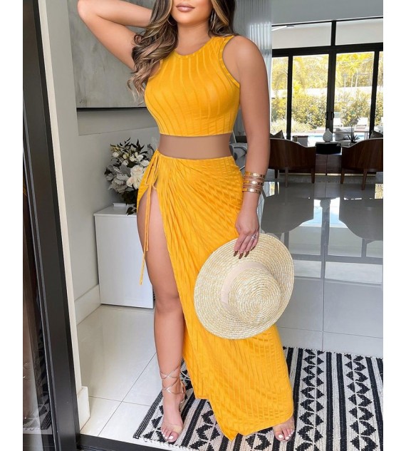 Ribbed Plain Top & High Slit Skirt Set