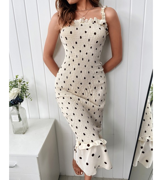 Spaghetti Strap Polkadot Print Shirred Mermaid Dress