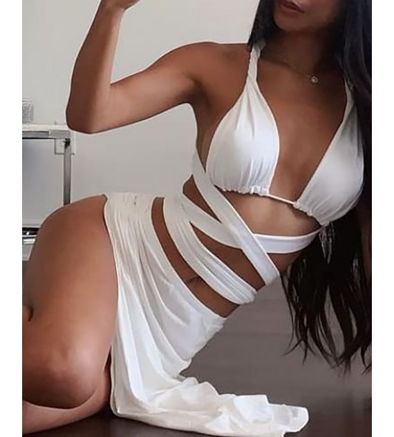 Halter Ruched Tied Detail Top & Slit Skirt Set