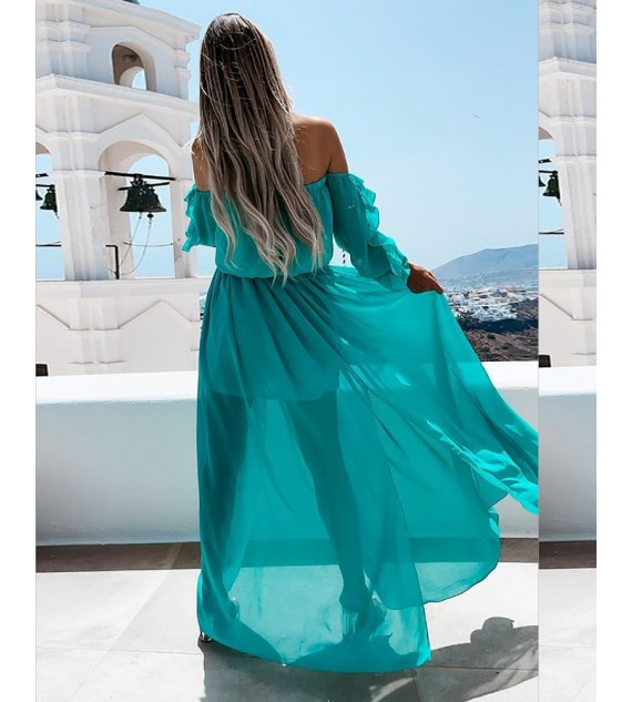 Off Shoulder Ruffle Hem High Slit Maxi Dress
