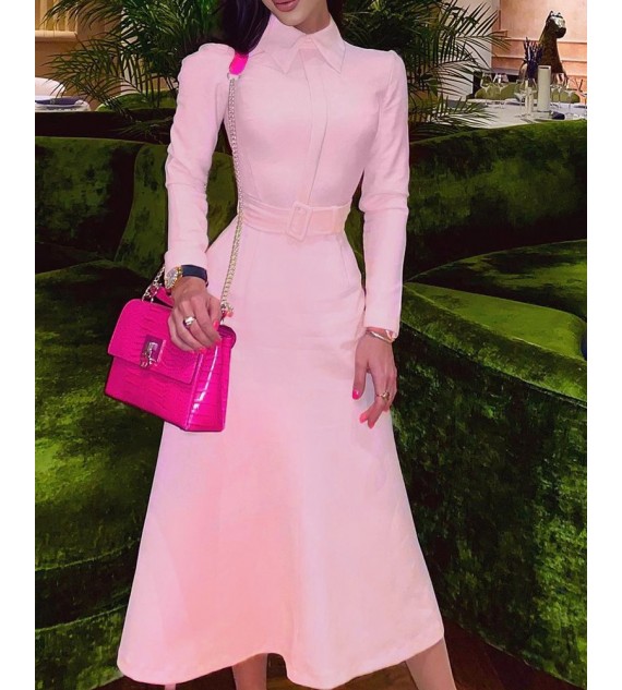 Puff Long Sleeve Casual Dress With Belt