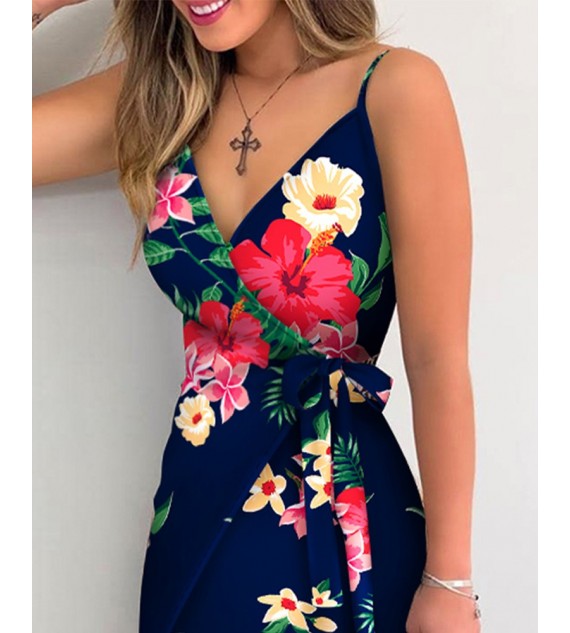 Floral Print V-Neck Wrap Tie Side Cami Dress Sleeveless Slim Elegant Mini Dress