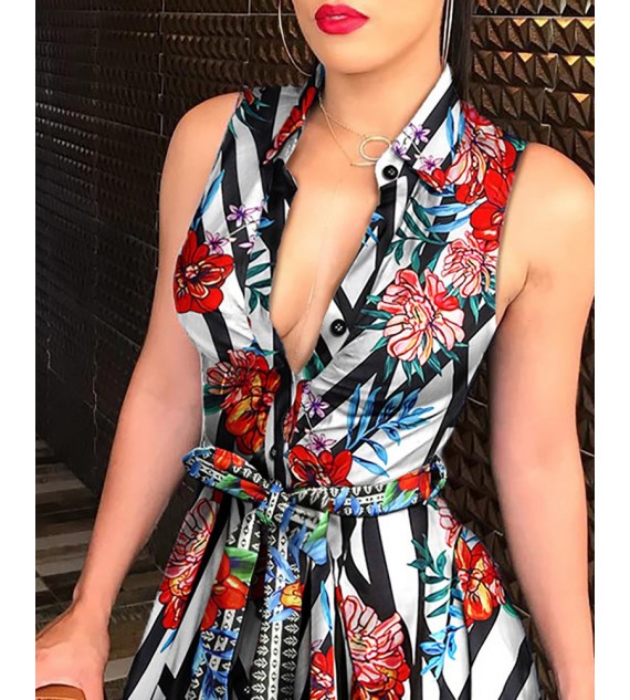 Floral Print Tie Waist Sleeveless Shirt Dress