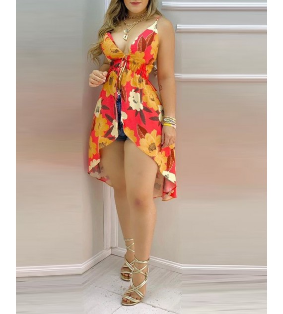 Floral Print Deep V Neck Spaghetti Strap Asymmetrical Dress