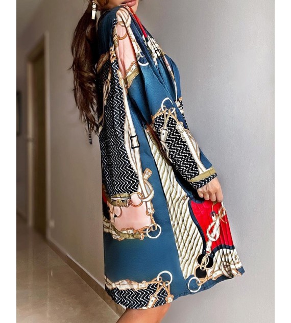 Chain Print Long Sleeve Ruched Shirt Dress