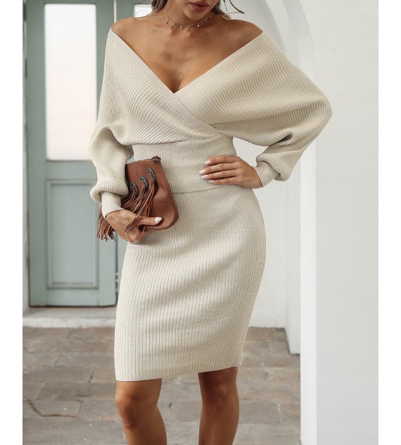 V Neck Backless Batwing Sleeve Knit Top & Skirt Set
