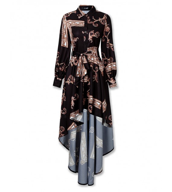 Baroque Print Lantern Sleeve Maxi Dress