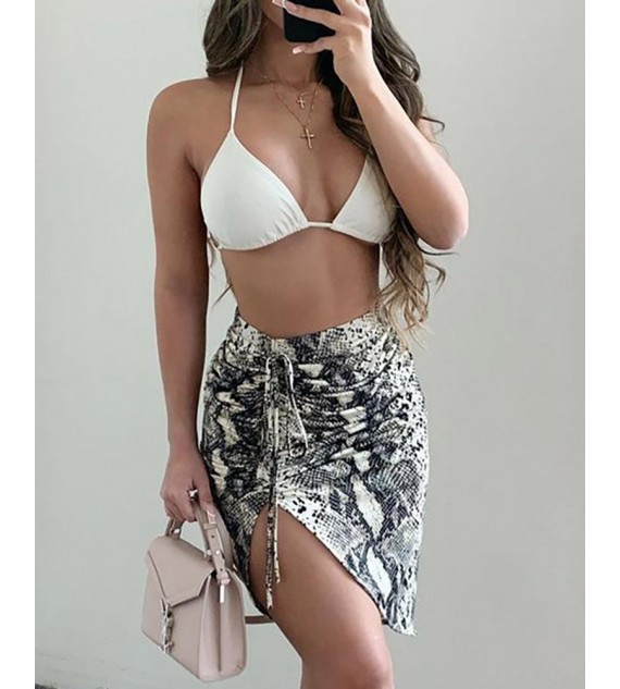 Halter Plain Top & Snake Print Drawstring Skirt Set