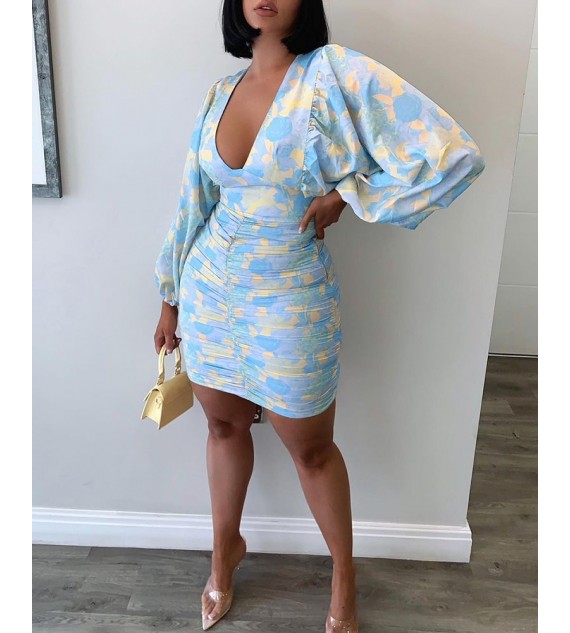 Floral Pattern Print Lantern Sleeve Ruched Bodycon Dress Sexy V-neck Dress