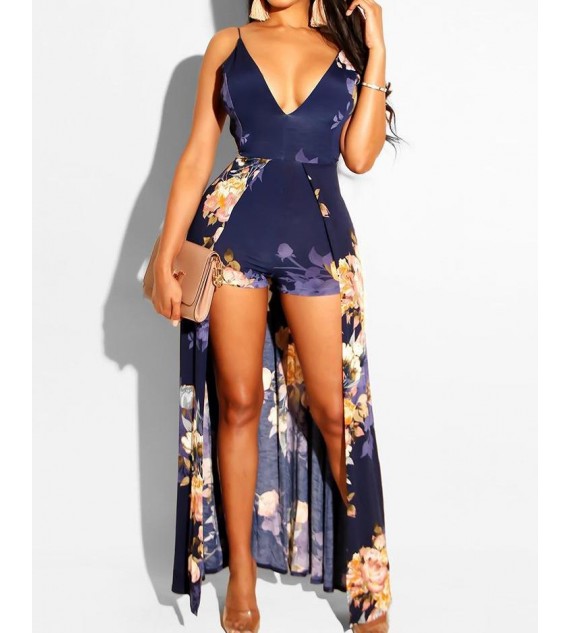 Floral Print Deep V-neck Romper Maxi Dress