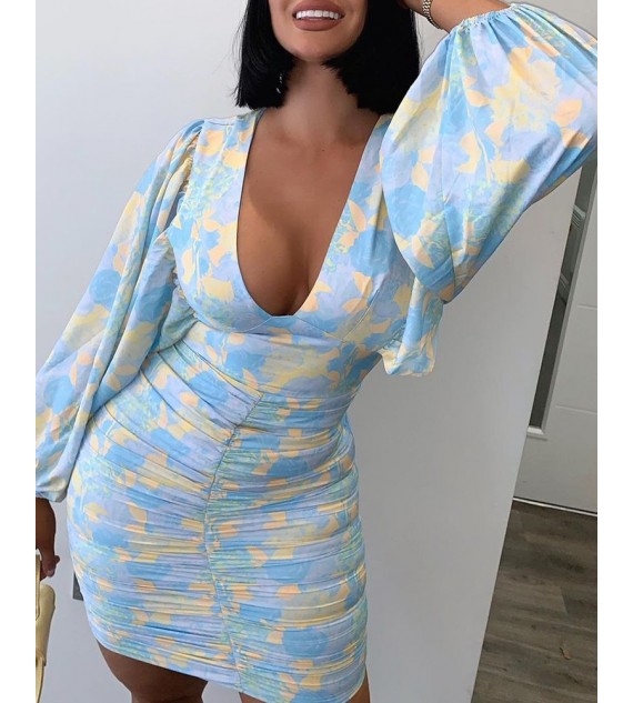 Floral Pattern Print Lantern Sleeve Ruched Bodycon Dress Sexy V-neck Dress