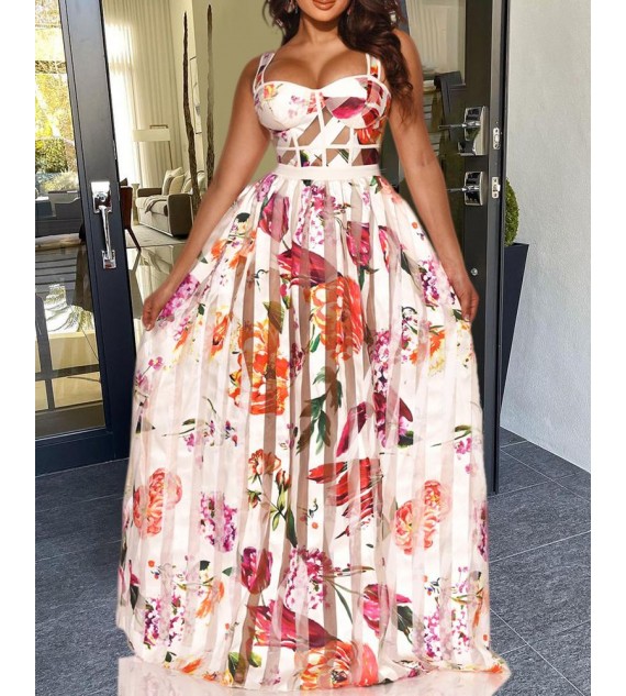 Elegant Women Sleeveless Dress Sheer Mesh Patch Floral Print Maxi Dress