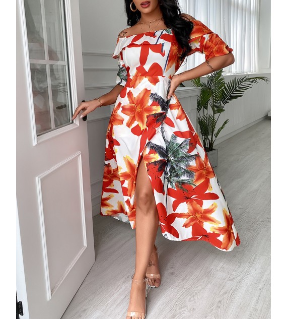 Off Shoulder Tropical Print Scallop Trim High Slit Dress