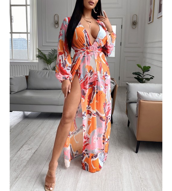 Color High Slit Plunge Lantern Sleeve Maxi Dress