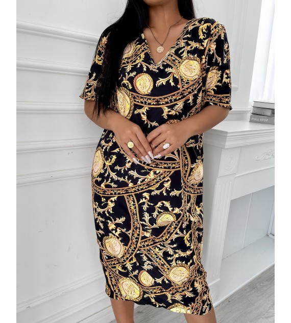 Baroque All Over Print V-Neck Casual Dress