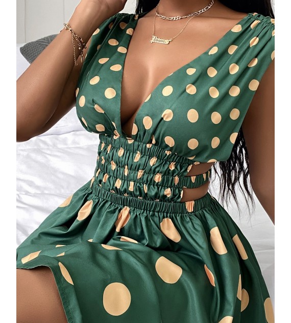 Cutout Waist Plunge Polkadot Print Dress