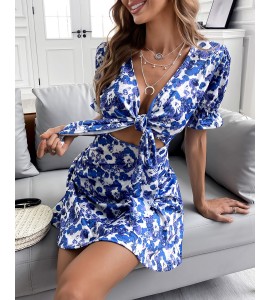 Floral Print Short Sleeve Kd Design Cutout Dress