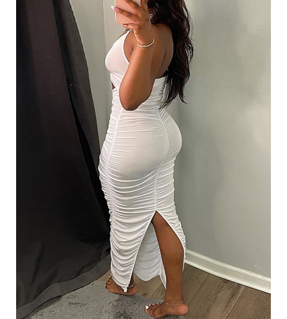 Halter Backless Cutout Ruched Slit Maxi Dress