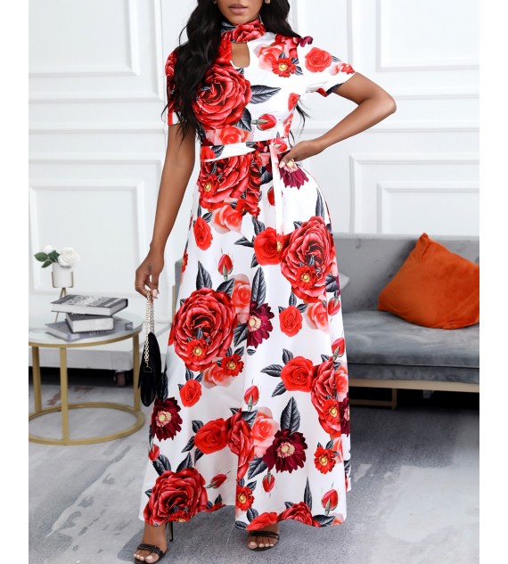 Floral Print Cutout Front Maxi Women Dress