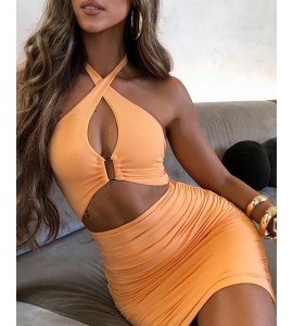 Halter Cutout Front Ruched Bodycon Dress