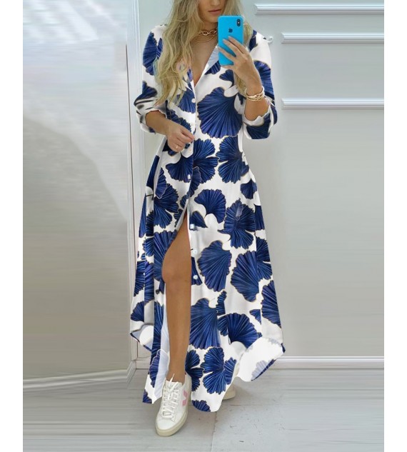 Graphic Print Long Sleeve Button Front Shirt Dress