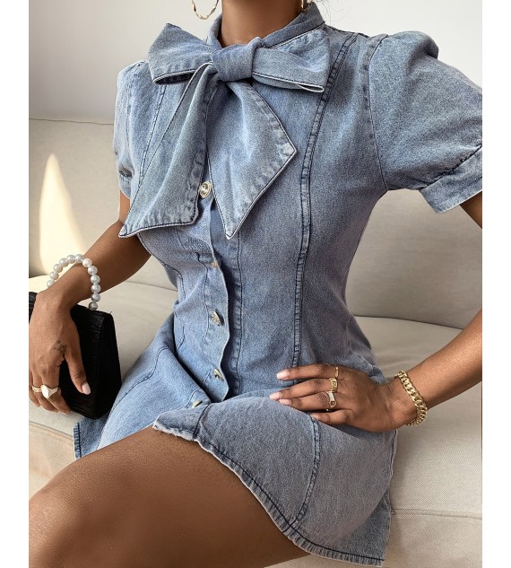 Kd Design Buttoned Short Sleeve Denim Dress