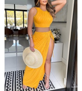 Ribbed Plain Top & High Slit Skirt Set