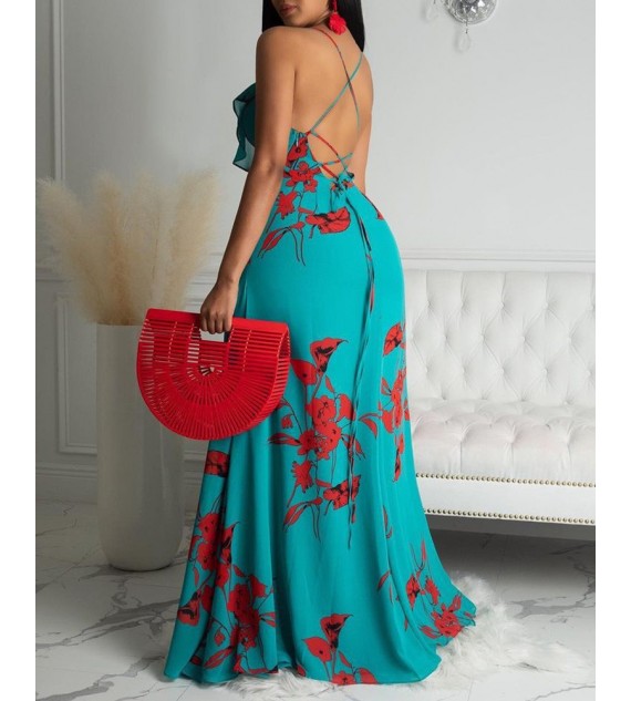 Backless Floral Print Tank Halter Ruffled Dress