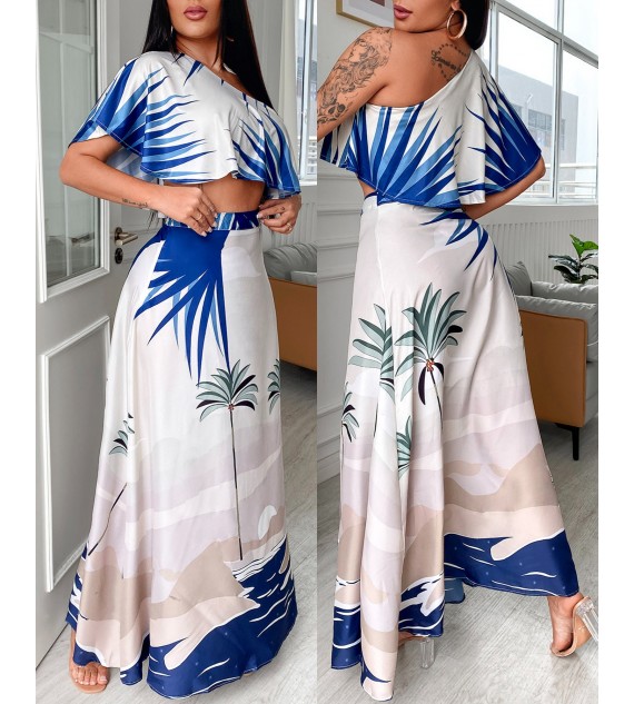 Tropical Print One Shoulder Ruffles Hem Top & Maxi Skirt Set