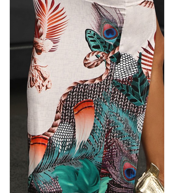 Peacock Feather Print Cutout Back Thigh Slit Maxi Dress