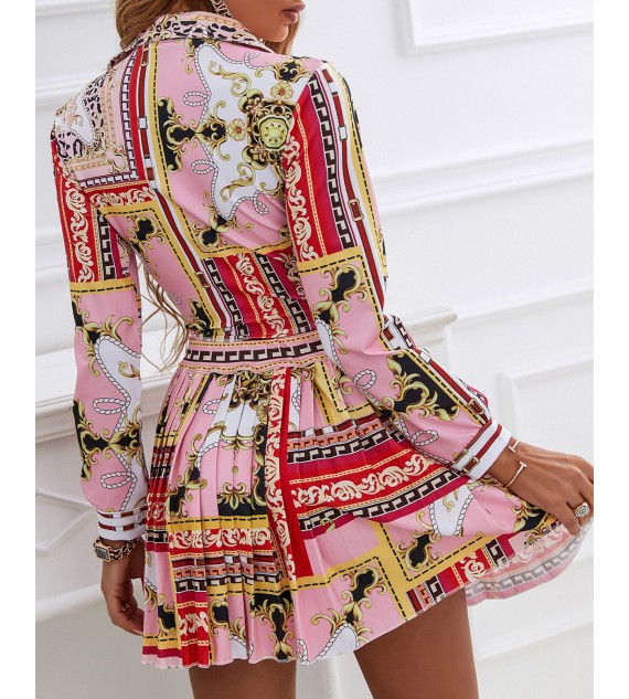 Scarf Print Button Design Shirt & Pleated Skirt Set