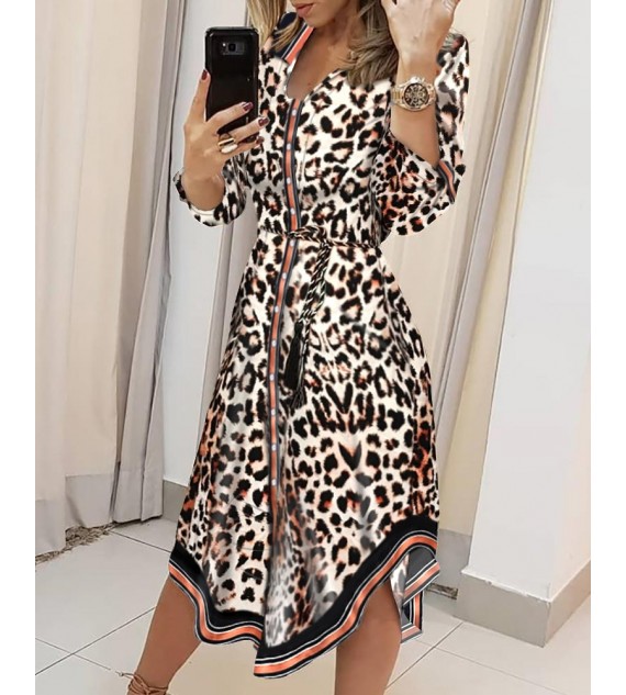 Striped Cheetah Print Button Front Asymmetrical Shirt Dress