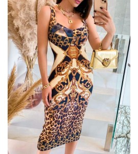 Cheetah Print Color Midi Dress Sleeveless Thick Strap Slim Bodycon Dress