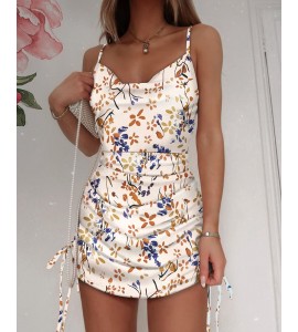 Floral Print Drawstring Ruched Dress