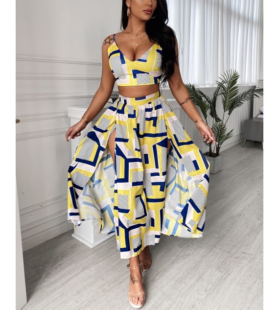 2 Pcs Crop Top & Maxi Skirt Set Sexy Color Women Sleeveless Vest & Geo Pattern High Slit Dress Suits