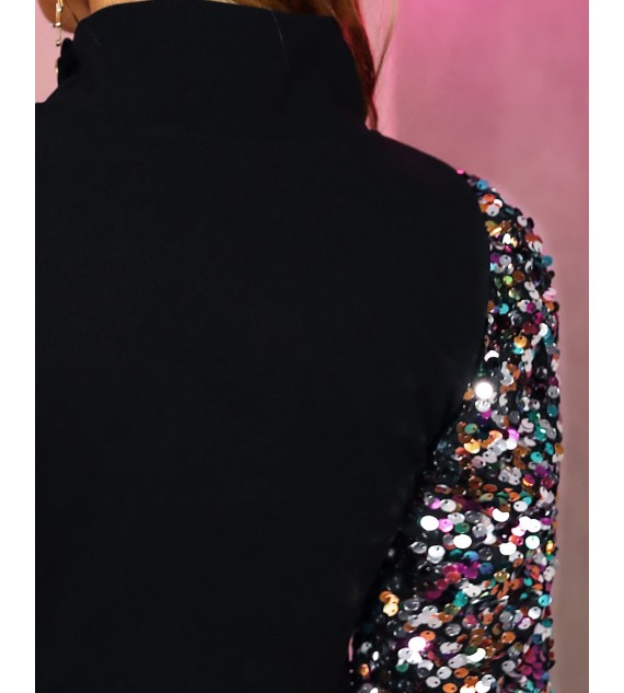 Color rt Mock Neck Lantern Sleeve Sequins Dress