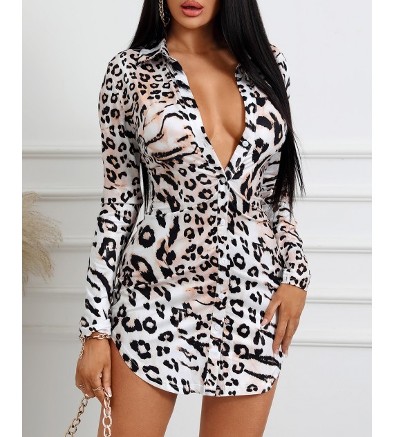 Leopard Print Long Sleeve Button Front Shirt Dress