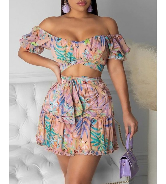 Off Shoulder Floral Print Crop Top & Tied Detail Skirt Sets
