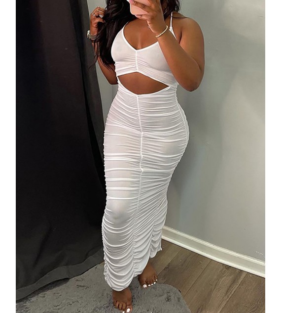 Halter Backless Cutout Ruched Slit Maxi Dress