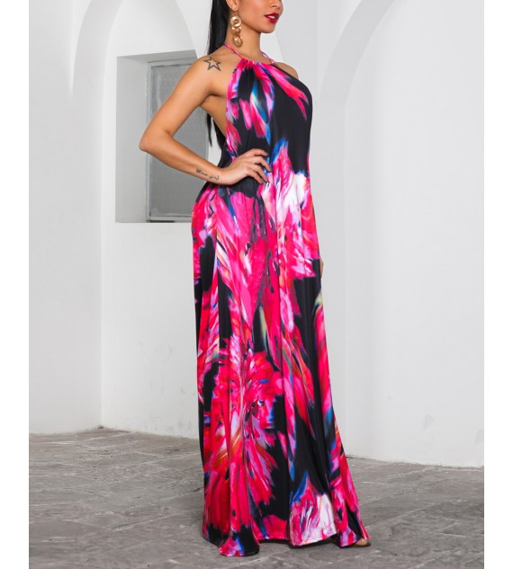 Halter Colorful Print Open Back Maxi Dress Sleeveless Casual Dress Holiday
