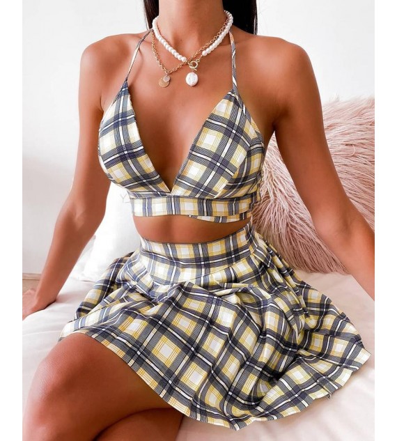 Halter Plaid Print Crop Top & Skirt Set