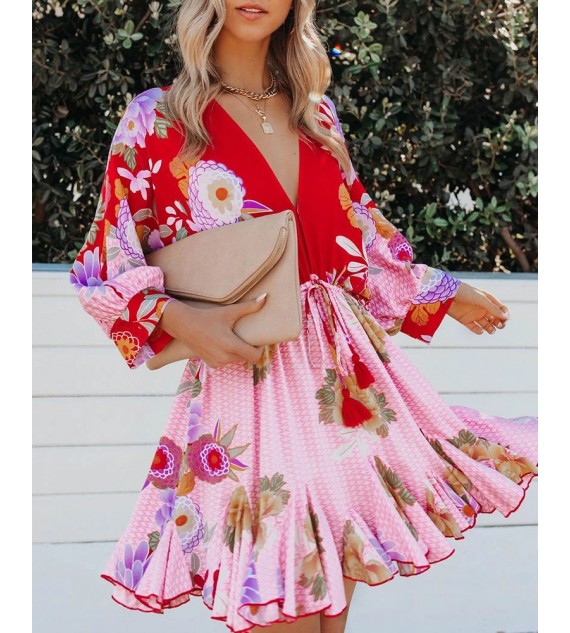 Floral Print Ruffles Hem Lantern Sleeve Casual Dress