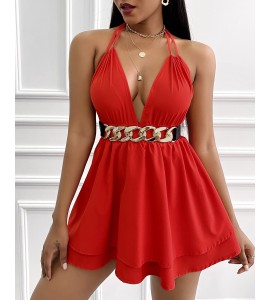 Plain Halter V Neck Dress Casual Ruffles Sleeveless Mini Dress