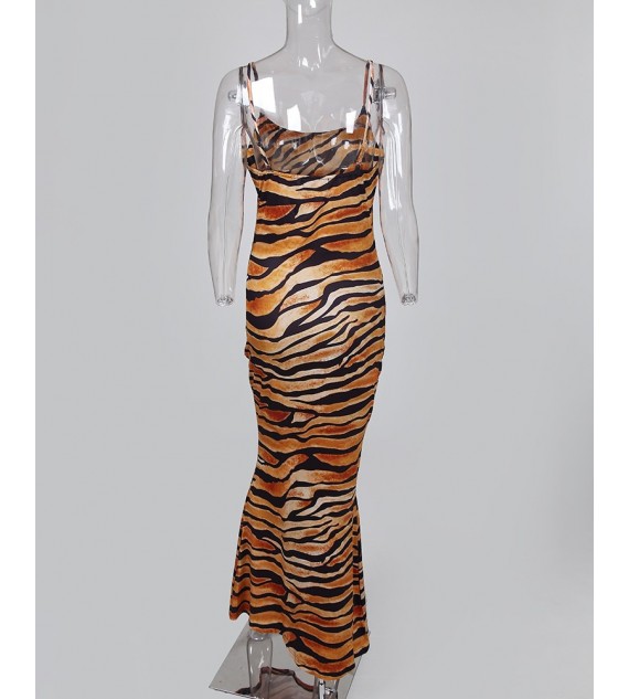 Tiger Print Square Neck Spaghetti Strap Maxi Dress