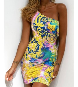 All Over Print One Shoulder Drawstring Ruched Mini Dress