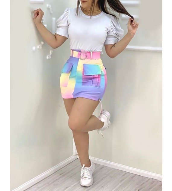 Puffed Sleeve Top & Color Pocket Design Skirt Set