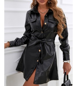Solid Button Front Flap Pocket Belted PU Leather Shirt Dress