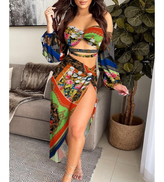 Baroque Print Twist Front Cut-Out Tube Top & Split Thigh Skirt Set